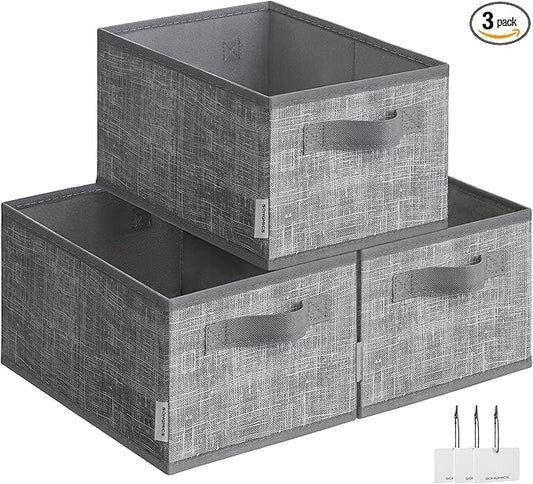SONGMICS Storage Baskets, Set of 3 Fabric Storage Bins, 11.8 x 7.9 x 5.9 Inches, Foldable Closet Organizer for Shelves, 2 Handles, Label Holders, for Bedroom, Living Room, Cattail Gray UROB415G01