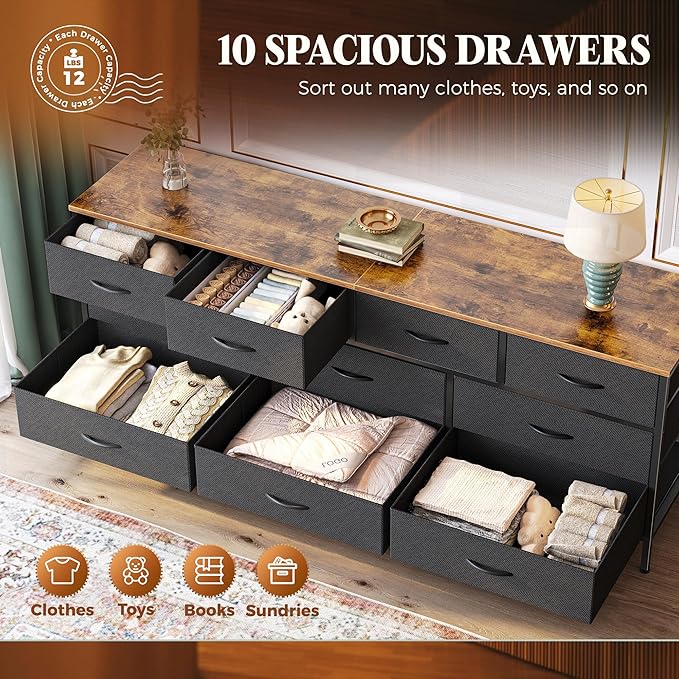 Huuger 63 Inch Dresser for Bedroom, Long Dresser with 10 Fabric Drawers, TV Stand for 55, 65, 70 Inch TV, Toy Storage Organizer for Closet, Rustic Brown and Black-NeatNest