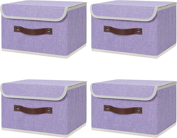 ANMINY 4PCS Storage Bins with Lid PU Leather Handles Storage Boxes PP Plastic Board Decorative Foldable Lidded Cotton Linen Fabric Home Cubes Baskets Closet Organizer Containers - Purple, Small Size-NeatNest