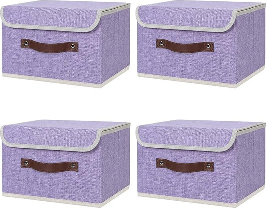 ANMINY 4PCS Storage Bins with Lid PU Leather Handles Storage Boxes PP Plastic Board Decorative Foldable Lidded Cotton Linen Fabric Home Cubes Baskets Closet Organizer Containers - Purple, Small Size-NeatNest