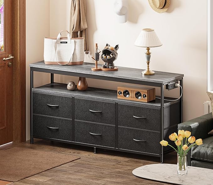 Huuger LED TV Stand for Bedroom, 47 Inch Dresser TV Stand for 43, 50, 55 Inch TV, Grey Black TV Stand with Storage, Entertainment Center with Power Outlets, 6 Drawer Fabric Dresser for Living Room-NeatNest