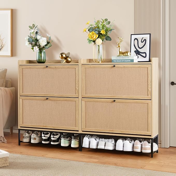 LEVNARY Shoe Cabinet Set of 2, Wooden Narrow Shoe Racks Cabinet Storage with 2 Flip Drawers, Hidden Freestanding Shoe Organizer for Hallway, Entryway, Home (2, Natural Oak)-NeatNest