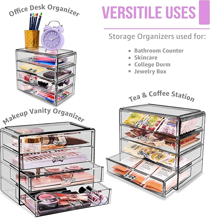 Sorbus Makeup Organizer - 4 Drawer Acrylic Make Up Organizers and Storage for Cosmetics, Jewelry, Beauty Supplies, Clear Makeup Organizer for Vanity, Girl's Room, College Dorm, Counter, Bathroom Sinks