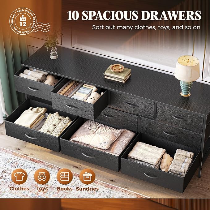 Huuger 63 Inch Dresser for Bedroom, Long Dresser with 10 Fabric Drawers, TV Stand for 55, 65, 70 Inch TV, Toy Storage Organizer for Closet, Black-NeatNest