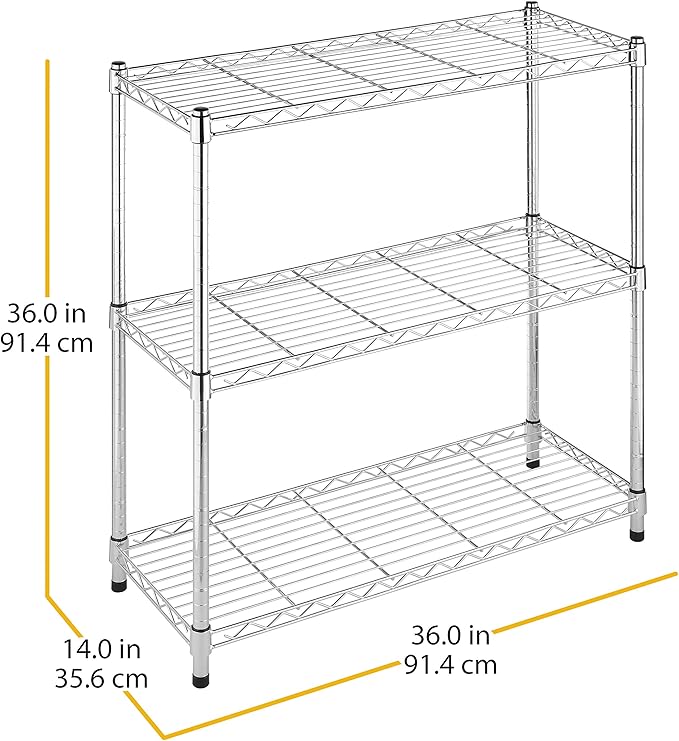 Whitmor 3 Tier Shelving Unit, Metal Storage Shelves, 400 lbs Capacity per Shelf, 1200 lbs Total, Durable Heavy Duty Shelf for Kitchen, Garage, Plant, 36"L x 14"W x 36"H, Chrome-NeatNest