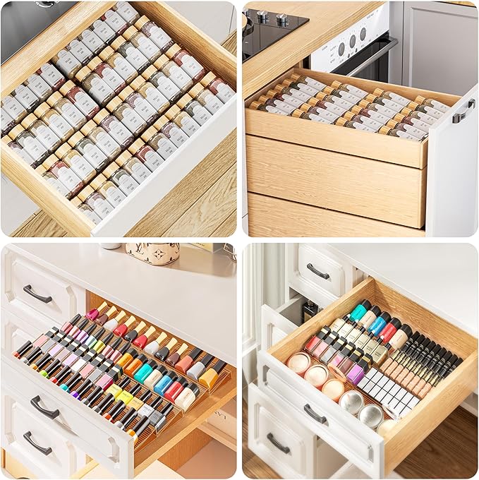 Spice Drawer Organizer, 4 Tier- 4 Pack Amber Acrylic Drawer Seasoning Organizer, Expandable From 11'' to 22'' Kitchen Spice Rack Organizers and Storage for Drawer (Jars not included)