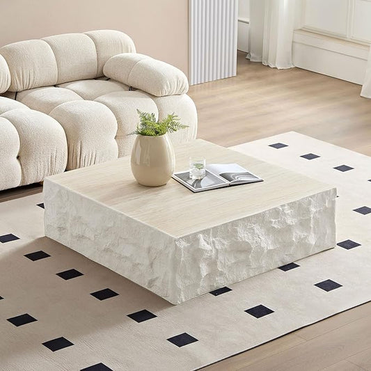 kevinplus ø35.43'' Square Coffee Table for Living Room, Modern Drum Circle Stone Coffee Table, Fiberglass Material, No Assembly, Beige