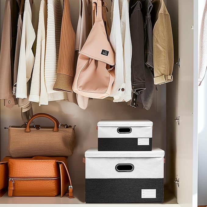 Foldable Fabric Storage Boxes with Lids, Collapsible Versatile Bins Baskets Cubes with Handles for Easy Organization in Closet, Living Room, and Bedroom (Black & White, 3PCS/11.4*8.6*6.7in)-NeatNest