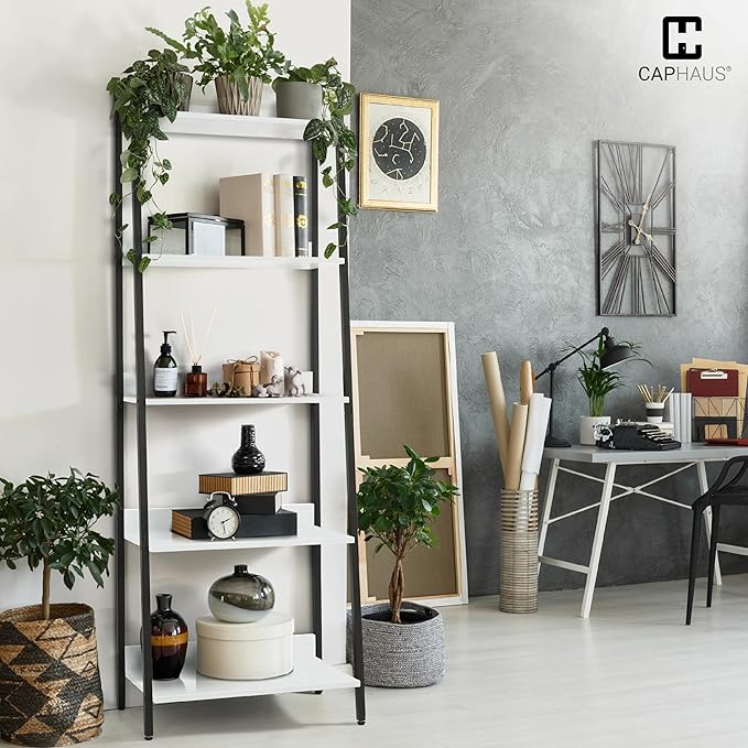 CAPHAUS 5 Tier Ladder Bookshelf, 24 Inch Width Free Standing Shelf, Bookcase Shelf Storage Rack Organizer, Industrial Book Shelves for Home Office, Living Room, Kitchen, White, Vintage Shelves-NeatNest