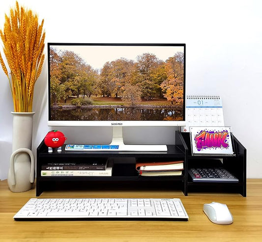 Computer Monitor Riser, 2 Tier Wooden Stand With Two Layer Storage Rack, Black Desktop Organizer for PC/Laptop, Home & Office-NeatNest