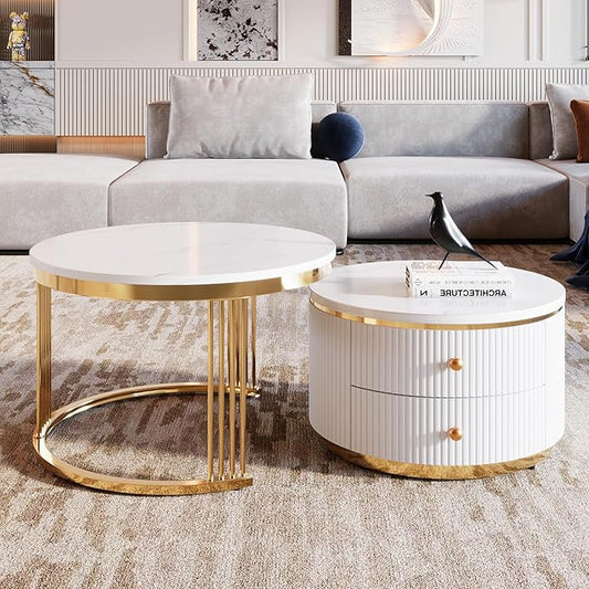 Modern 2 Pieces Round Nesting Coffee Table with Drawers Multiple End Tables Utility Table Telephone Table for Living Room Office Bedroom Balcony, Gold & White