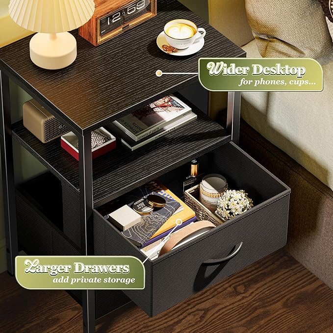 Huuger Night Stand with 2 Drawers, Bed Side Table with Open Shelf, Wooden Top, Nightstand for Bedroom, End Table for Small Space, Fabric Drawer, Black