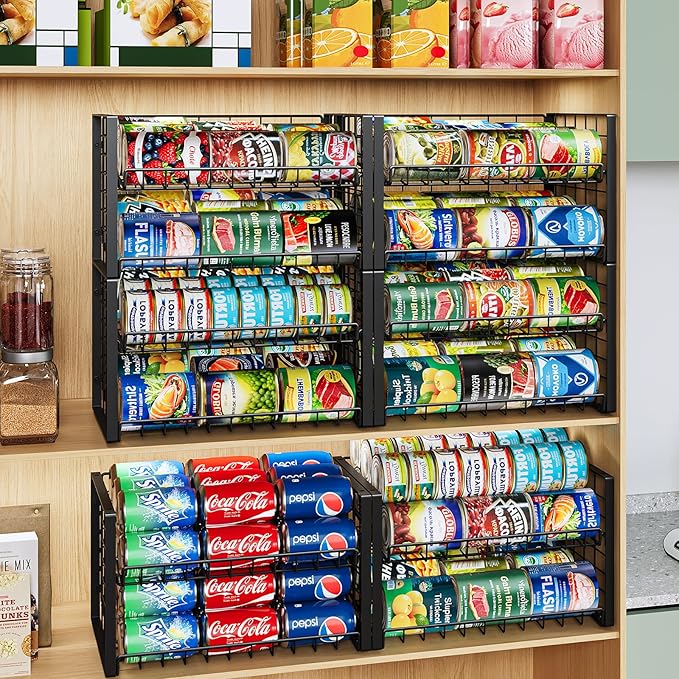 JKsmart 2-Tier Stackable Can Rack Organizer for Pantry, Adjustable Can Dispenser Holds Up to 62 Cans, Can Storage Holder for Various Ounces of Canned Food Soda Drinks, Black, 2 Pack (Petent Pending)-NeatNest