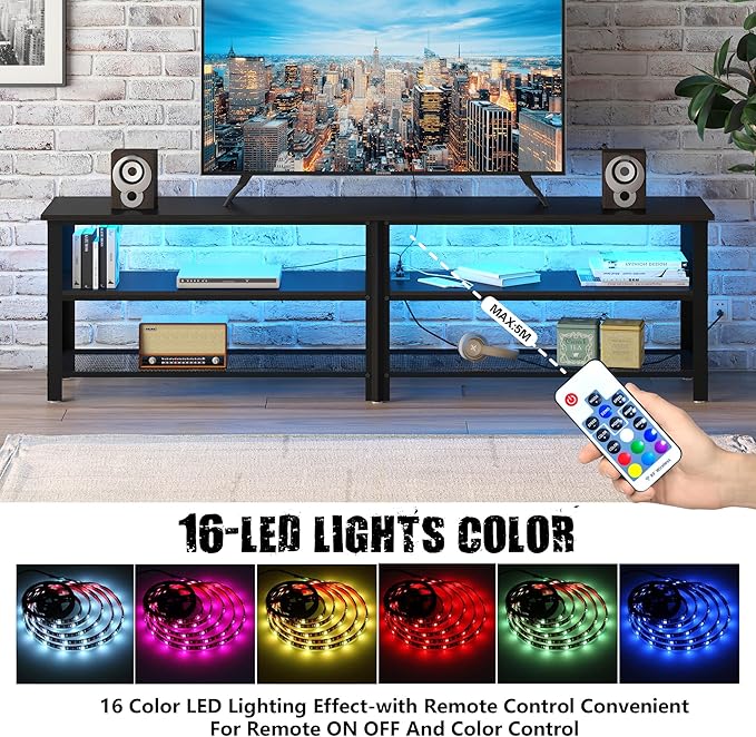 Clikuutory Modern Black 71 inch Metal TV Stand with LED Lights and Power Outlets for 50 60 65 70 75 80 Inch TVs, 3 Tier Television Stands with Entertainment Center and Storage for Living Room, Bedroom-NeatNest