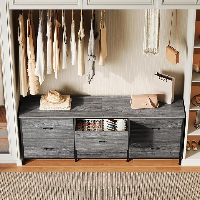 Huuger 63 Inch Long Dresser for Bedroom, Wide TV Stand for 55, 65, 70 Inch TV, 6 Drawer Dresser for Closet with Fabric Drawers, Storage Organizer for Bedroom, Entryway, Grey-NeatNest