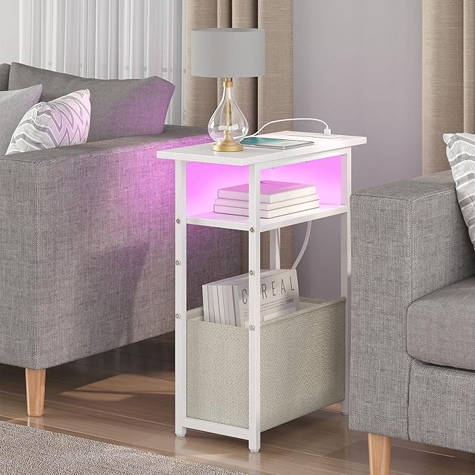 Narrow Side Table with Charging Station, LED End Table Set of 2 for Small Spaces, Skinny Nightstands Set 2 with Storage Basket, 3 Tier Sofa Bedside Tables for Living Room,Bedroom, White