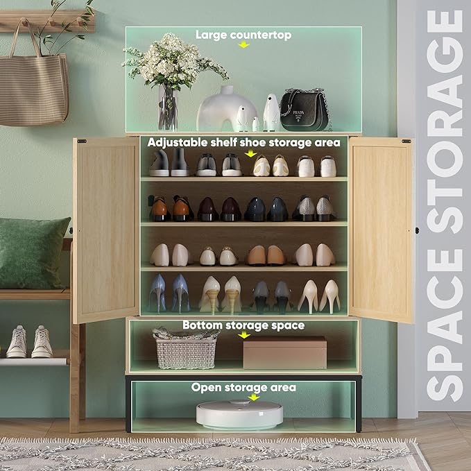 Yechen Natural Rattan Shoe Cabinet, 5-Tier Shoe Rack Storage Organizer with Doors, Metal Legs, Entryway Shoe Cabinet for Modern Heels, Boots, Entrance Hallway (1 Piece, Natural)-NeatNest