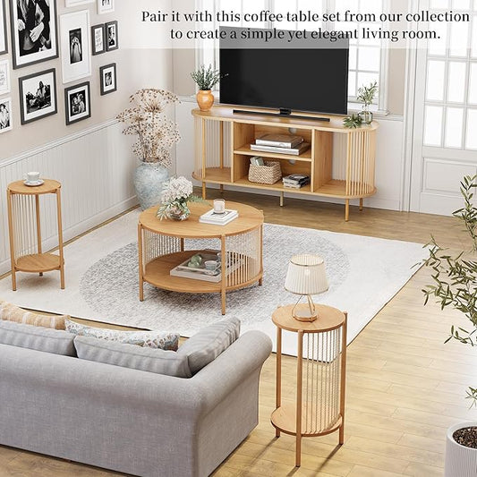 Brafab Oval Boho TV Console with Hand-Woven Ropes, Mid-Century Modern TV Stand for up to 60" with Storage Adjustable Shelf and Sturdy Steel Legs, Natural Wooden Entertainment Center for Living Room-NeatNest