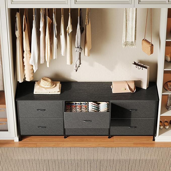 Huuger 63 Inch Long Dresser for Bedroom, Wide TV Stand for 55, 65, 70 Inch TV, 6 Drawer Dresser for Closet with Fabric Drawers, Storage Organizer for Bedroom, Entryway, Black-NeatNest