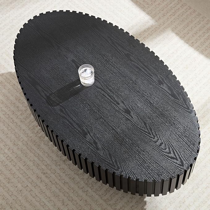 Kevinplus Black Oval Coffee Table - Modern Wood Coffee Table for Living Room, Contemporary Circle Fluted Drum Design, Easy Assembly, 43.7'' x 24.8'' x 13.38''