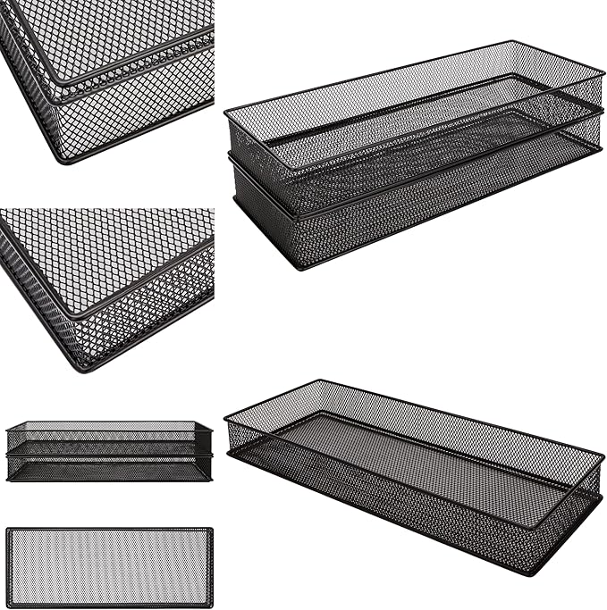 Annova Mesh Stackable Drawer Cabinet and Shelf Organizer Bins Storage Basket School Office Supply Holder Tray- Set of 2 (Black, 6x15x2 Inch)-NeatNest