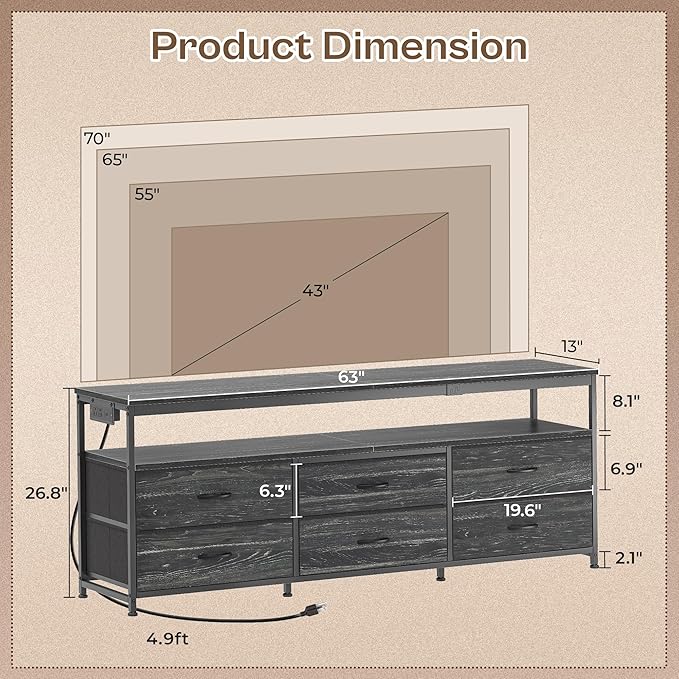 Huuger 63 Inch TV Stand for 55, 65, 70 Inch TV, Long Dresser TV Stand for Bedroom, Charcoal Black LED TV Stand with Power Outlets, Fabric Dresser with Storage, Entertainment Center for Living Room-NeatNest