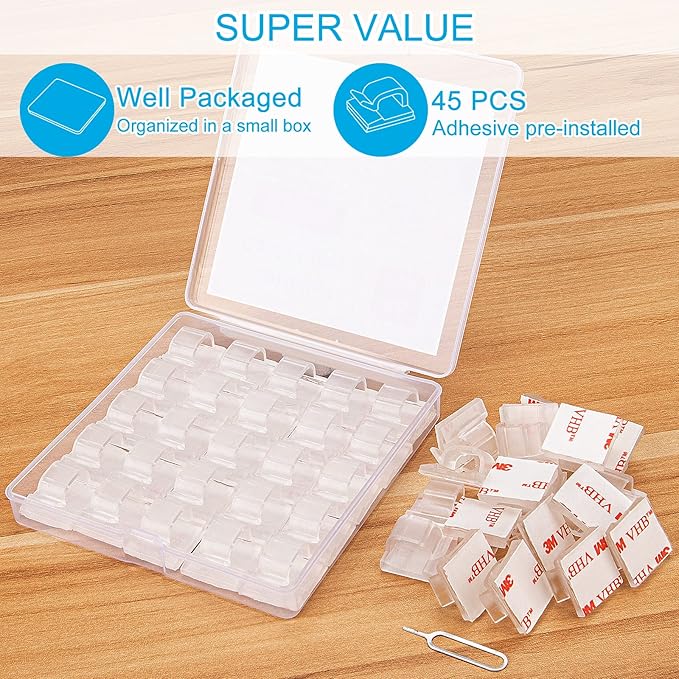 Adhesive Cable Clips Cord Organizer Clear (45 PCS, Large), Outdoor Light Clips for Christmas String Lights, Wall Wire Holder Clips for Ethernet Cable Management Under Desk, Led Light Hooks-NeatNest