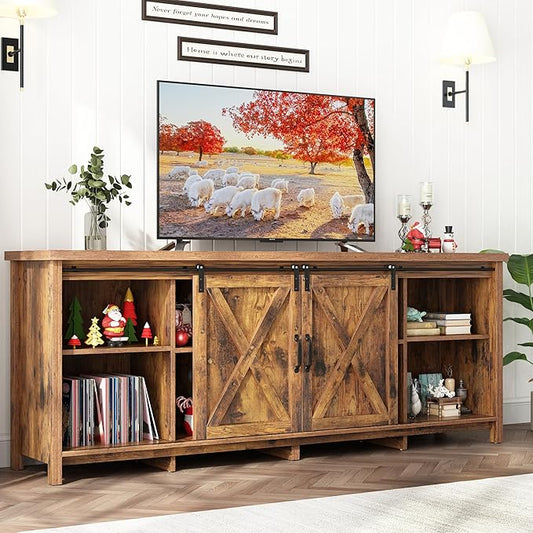 70" Farmhouse TV Stands for 70 75 80inch TV w/Adjustable Shelves,Sliding Barn Door.Wooden Entertainment Center,TV Console Cabinet with Storage for Bedroom Living Room(Brown 70in)-NeatNest