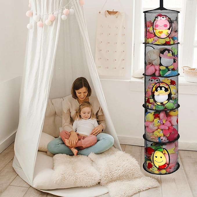2Pcs Stuffed Animal Storage Foldable Stuffed Animal Net or Hammock Organizer, 5 Compartments Hanging Mesh Toy Storage Hammock for Kid Room Toys, Gloves, Hats, Socks, Black-NeatNest