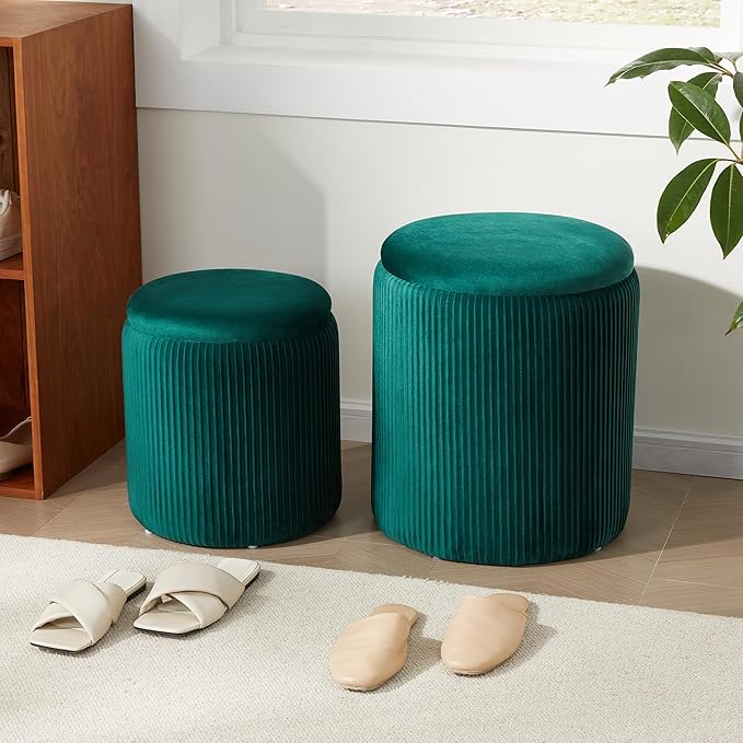 Royal Windsor Round Ottoman with Storage Set of 2,Vanity Stool with Storage for Bedroom, Ottoman Coffee Table, Small Velvet Foot Stool for Living Room, Green
