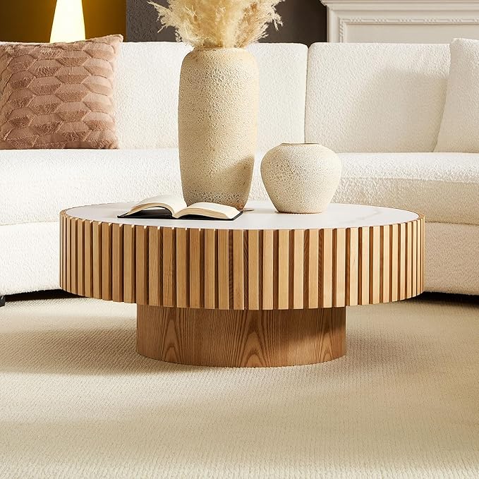 Coffee Table Stone Round 35.43'' for Living Room Modern Coffee Tables Wood Circle Drum Tea Fluted Solid Wooden Veneer Sintered Tabletop Handcraft Home Furniture for Apartment Easy Assembly Oak-NeatNest