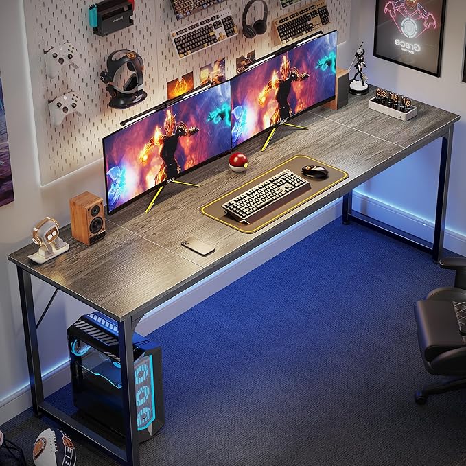 Huuger Computer Desk, 80 Inch Office Desk, Gaming Desk with Storage, Writing Desk Work Desk for Home Office, Study, Long Simple Desk, Large Legroom, Metal Frame, Grey-NeatNest