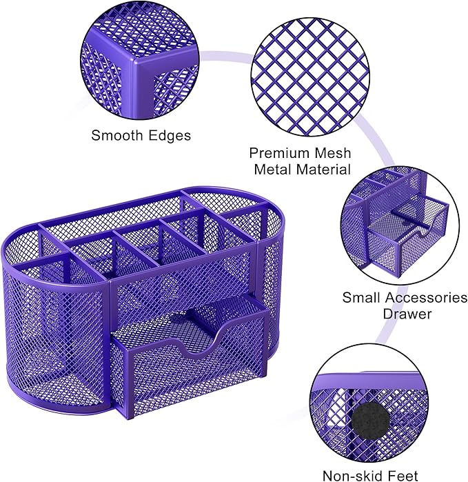 EasyPAG Mesh Desk Organizer, Multi-functional Stationery Organizer for School Supplies, Office Pen Holder for Desk, 9 Compartments Dorm Organization with Drawer, Purple