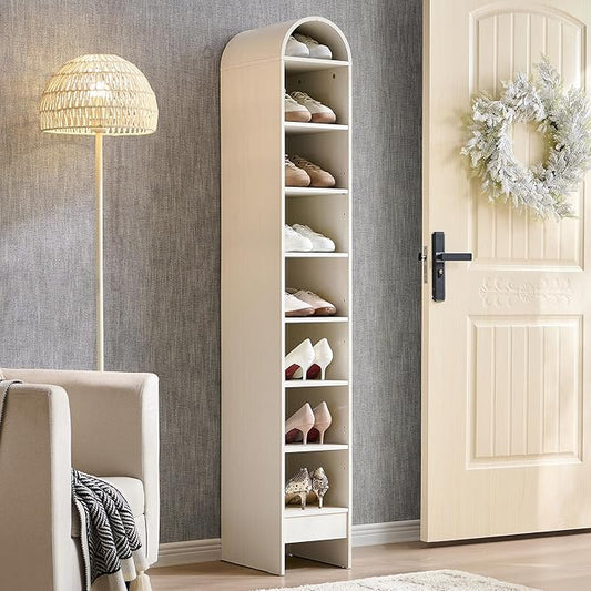 67" Tall Arched Shoe Storage Cabinet, 8 Tiers 8 Pairs Wooden Shoe Rack with 3 Adjustable Shelves, Freestanding Shoe Closet Shelf Organizer for Entryway, Hallway, Living Room (Antique White)-NeatNest