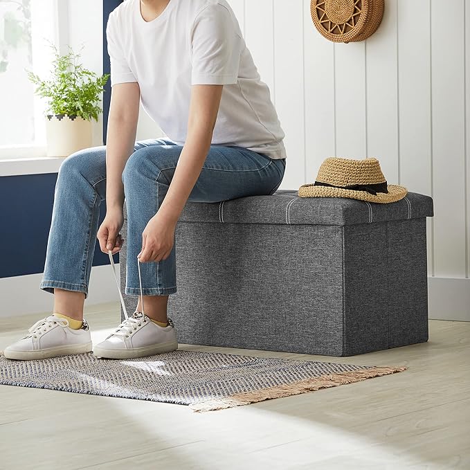 SONGMICS Mazie Collection - 30 Inches Ottoman Storage Bench, 21 Gal. Folding Chest with Breathable Linen-Look Fabric, Load up to 660 lb, for Entryway, Living Room, Bedroom, Dark Gray ULSF001G01-NeatNest