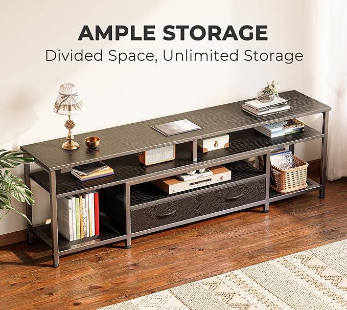 Huuger TV Stand for 65 70 Inch TV, Entertainment Center with Power Outlets and LED Lights, TV Console for Living Room, Media Console with Drawers and Shelves, Black-NeatNest