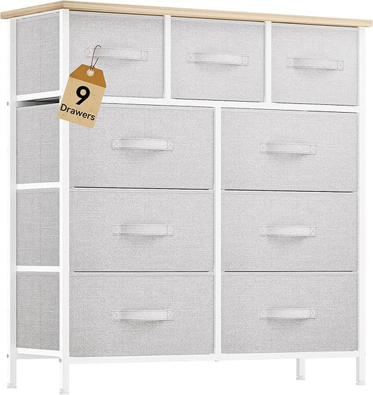 DWVO 9 Drawer Dresser, Light Gray Fabric Storage Tower, Tall Organizer Unit for Room, Living Room, Hallway, Closets - Sturdy Steel Frame, Wooden Top & Easy Pull Bins-NeatNest