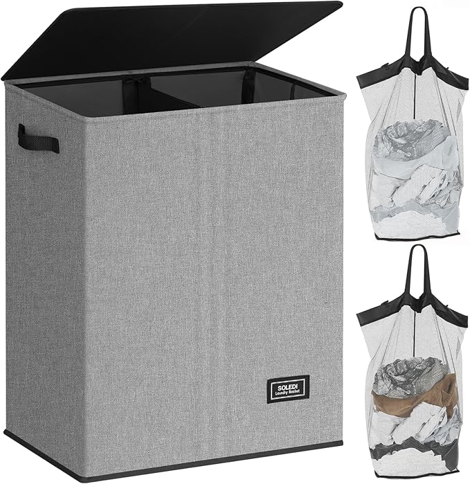 SOLEDI Double Laundry Hamper with Lid, 130L Clothes Hamper 2 Section, Laundry Basket with Removable bag, Bed room decor aesthetic, laundry room organization, Home and dorm room essentials-NeatNest