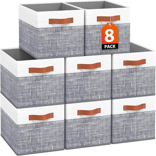 Fab totes Collapsible Storage Baskets for Shelves,14"x10", 8 Pack Foldable Fabric Storage Bins with Double Leather Handles, Large Baskets for Organizing Books, Clothes, White & Grey