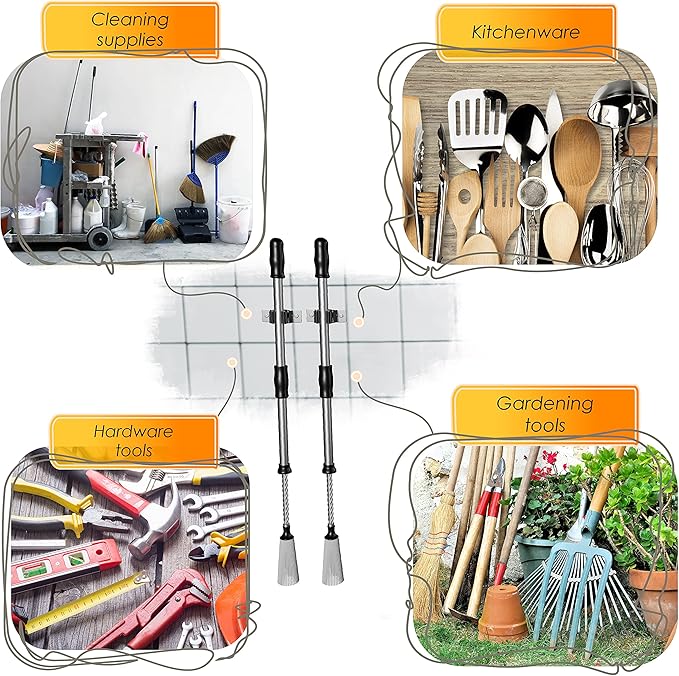 Self Adhesive Broom and Mop Holder Wall Mounted – SUS304 Stainless Steel 2-Slot Organizer with Anti-Slip Rubber Grips, 25lb Load, Adjustable for 0.6–1.4" Handles, Garage Kitchen Bathroom Use, 3 Pcs-NeatNest