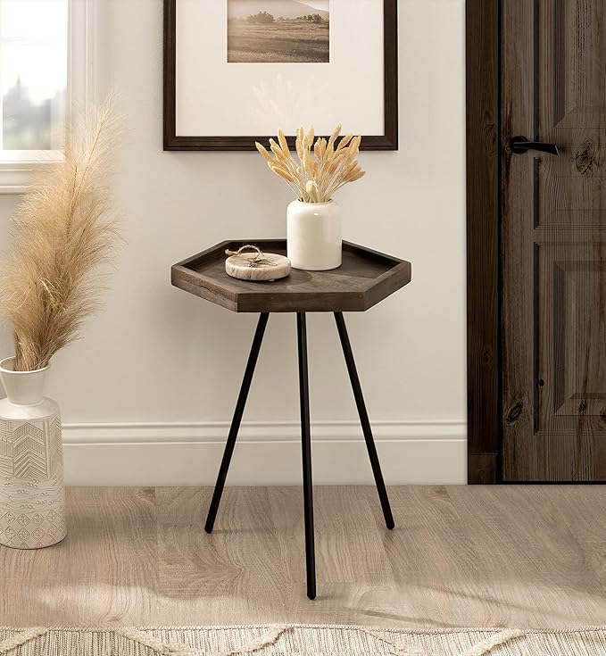Kate and Laurel Kashvi Modern Side Table 17 x 15 x 20; Graywash; Decorative Farmhouse Hexagon Bedroom Nightstand Table for Storage and Display