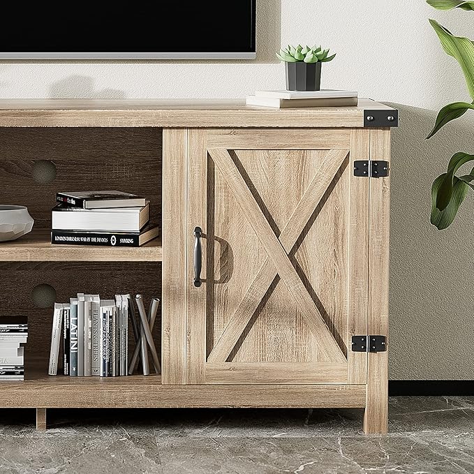 JUMMICO TV Stand, 65 Inch TV Farmhouse Entertainment Center with Double Barn Doors and Storage Cabinets, Console TV Table Media for Living Room, Bedroom (Pale Yellow)-NeatNest