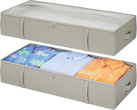 2-Pack Under Bed Storage Containers, 8 Inches Tall Underbed Clothes Storage Organizer Bin with Sturdy Sidewalls/Bottom, Under the Bed Storage Bags 2 Storage Bins, Light Grey-NeatNest