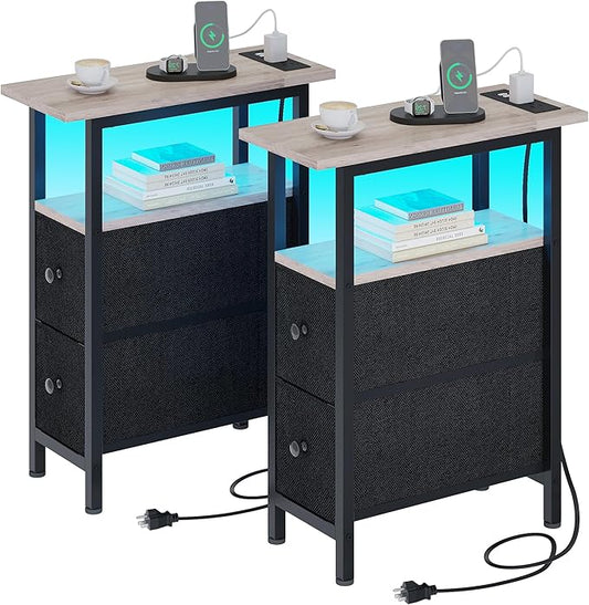 End Table Set 2 with Charging Station, Narrow Side Table with 2 Fabric Drawers, Skinny Nightstand with LED Light, Slim Bedside Table for Bedroom, Living Room, Small Spaces, Greige and Black