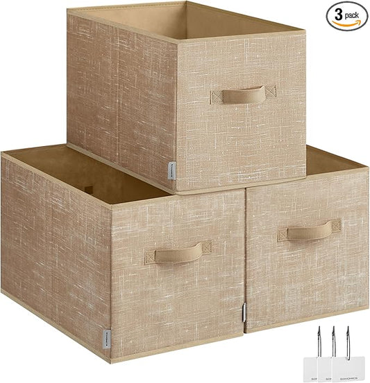 SONGMICS Storage Baskets, Set of 3 Fabric Storage Bins, 19.7 x 11.8 x 11.8 Inches, Foldable Closet Organizer for Shelves, 2 Handles, Label Holders, for Bedroom, Living Room, Sand Beige UROB450K01