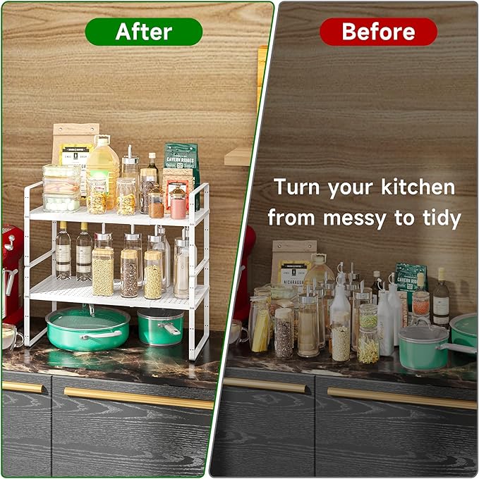 Expandable Kitchen Cabinet Shelf Organizer Rack Heavy Duty Metal Spice Rack Stackable Counter Storage Shelf for Kitchen Cabinet Pantry Bathroom (White - 16.5"-27" L x 10.2" W x 9.6" H - 1Pack)-NeatNest