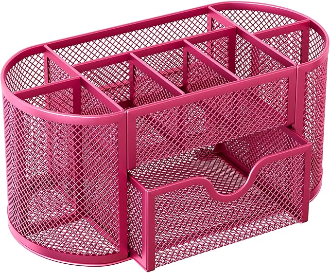 EasyPAG Mesh Desk Organizer, Multi-functional Stationery Organizer for School Supplies, Office Pen Holder for Desk, 9 Compartments Dorm Organization with Drawer, Pink