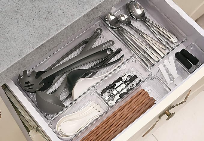 ihomecooker 5 Pack Clear Plastic Drawer Organizer Tray Cutlery Utensil Makeups Drawer Silverware Organizers 12" X 6"-NeatNest