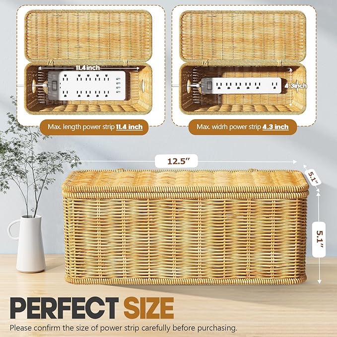 Cable Management Box,2 Open Slots Cord Organizer Hider Box with Lid,2 Pack Handwoven Imitation Rattan Cable Organizer Box for TV Wire Computer Router & Power Strip-A Style(Light Brown)