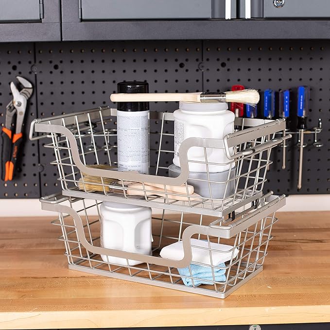 BIRDROCK HOME Wire Baskets - Set of 2 Stackable Hanging Bins - Wall Mount Shelf - Potato Onion Storage - Kitchen Pantry Organizer - Fruit Vegetable Snack Tier - Counter Cabinet Storage - Metal Baskets